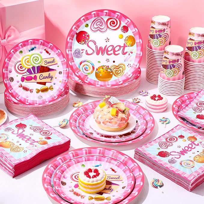 250 Pcs Candyland Party Decorations Sweet Candy Lollipop Paper Plates Cups and Napkins Disposable Halloween Sweet Candy Themed Tableware Set for Baby Shower Birthday Party Supplies Serves 50
