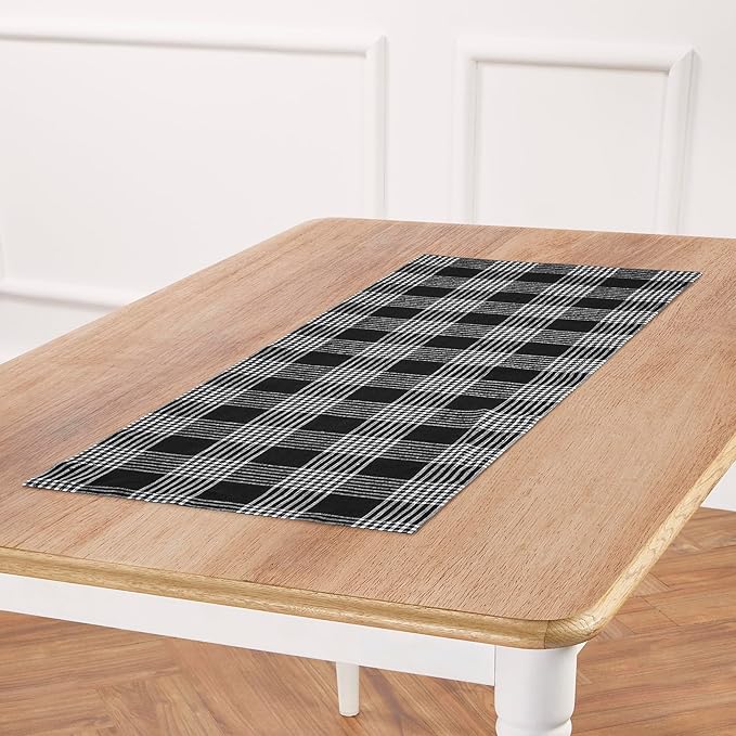 Solino Home Fall Plaid Table Runner 48 Inches - 100% Pure Linen Glen Check Black and White Short Table Runner 14 x 48 Inch Ideal for Dresser and Coffee Tables - Thanksgiving, Holiday