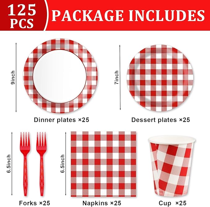 Red Gingham Plates and Napkins Party Supplies, Red and White Disposable Tableware Set, Checkered Plaid Paper Plates for Birthday Family Dinner Picnic Christmas Party Baby Shower Decor Serves 25