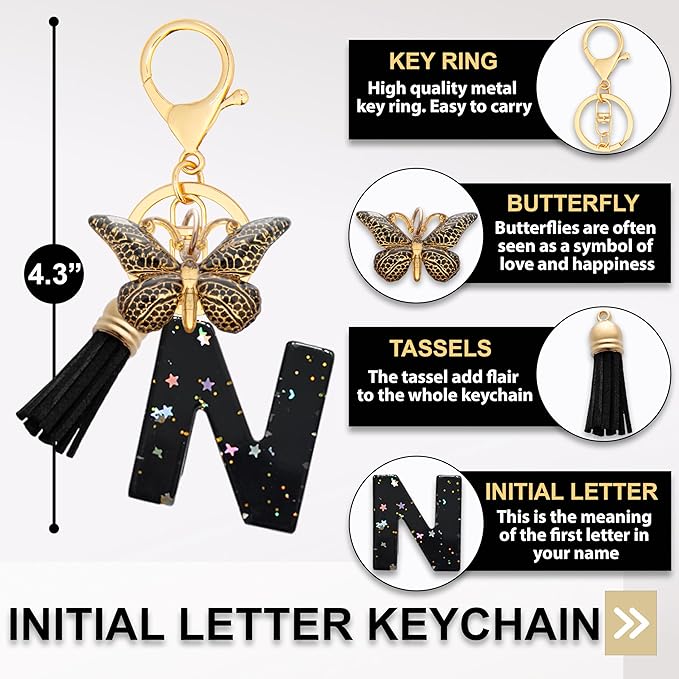 Initial Letter Keychain, Butterfly Keychain Cute Resin, Initial Keychain Backpack Charms, Key chain for Women, Girls