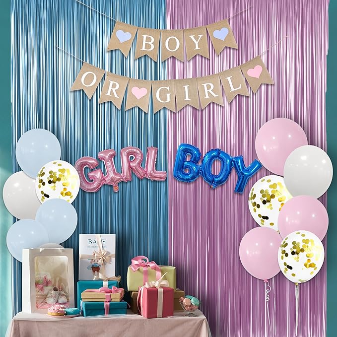 Baby Gender Reveal Party Decorations, 23 Pcs Boy or Girl Baby Shower Party Decoration including Pink Blue Balloons Boy or Girl Banner Fringe Curtains