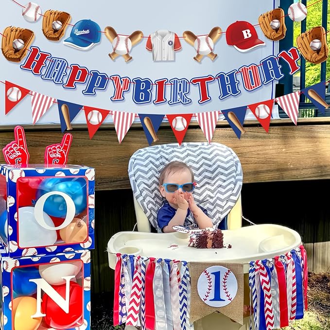 Pre-Strung Baseball Party Decorations with Concessions and game day Banners, Happy Birthday Baseball Party Supplies, Sports Themed Birthday Decorations with Baseball Triangle Bunting Pennant Flag