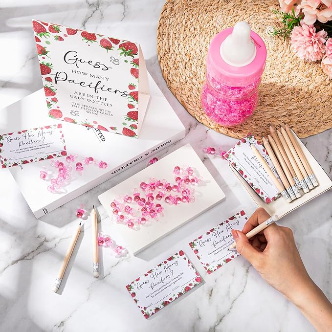 Roowest 512 Pcs Baby Shower Games Guess How Many Pacifiers Sign 100 Small Guessing Games 10 HB Pencils 750ml Milk Bottle 400 Acrylic Pacifiers Decoration for Guest Gender Reveal (Pink,Strawberry)