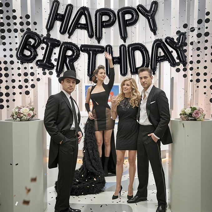 16 Inch Happy Birthday Banner Balloon - Black Letters Foil Balloons With Ribbon, Self Inflating Letter Balloon Bunting for Men Women Birthday Party Decorations Supplies