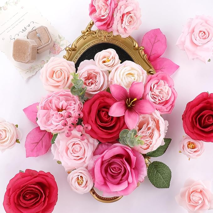 AmyHomie Fuchsia Pink Artificial Flowers Combo Silk Mix Peony Rose Fake Flowers w/Stem for DIY Wedding Bouquets Centerpieces Arrangements Table Fall Decor Party Bridal Baby Shower Home Decorations
