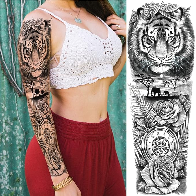Flower Forest Temporary Tattoo Sleeve for Women Leg, 4-Sheet Full Arm Realistic Tiger Wolf Floral Fake Tattoo Sleeve Adult Girl and 4-Sheet Large Black Half Temp Tatoo Sticker Thigh Makeup Body Art