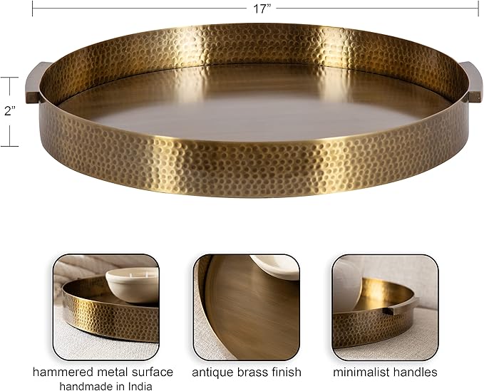 Kate and Laurel Samana Modern Glam Round Metal Tray; 17 Inch Diameter; Antique Brass; Circular Polished Decorative Tray with Hammered Surface and Minimalist Handles