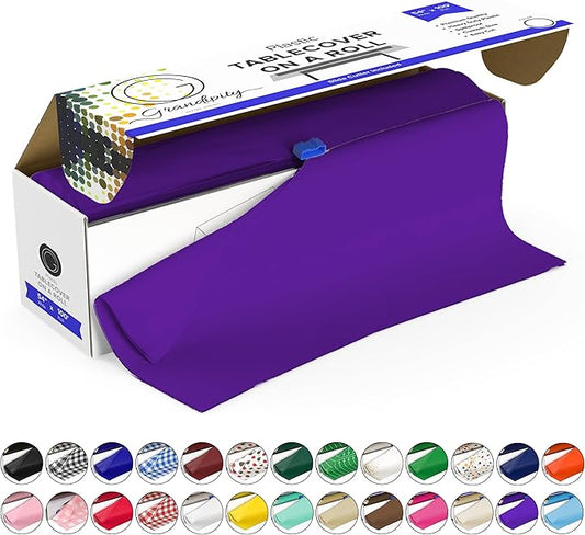 Grandipity Plastic Tablecloth Roll - 54in x 100 Ft. Purple Plastic Table Cloths for Parties Disposable with Cutter Box - Cut to Size Disposable Tablecloth Table Cover for Rectangle & Round