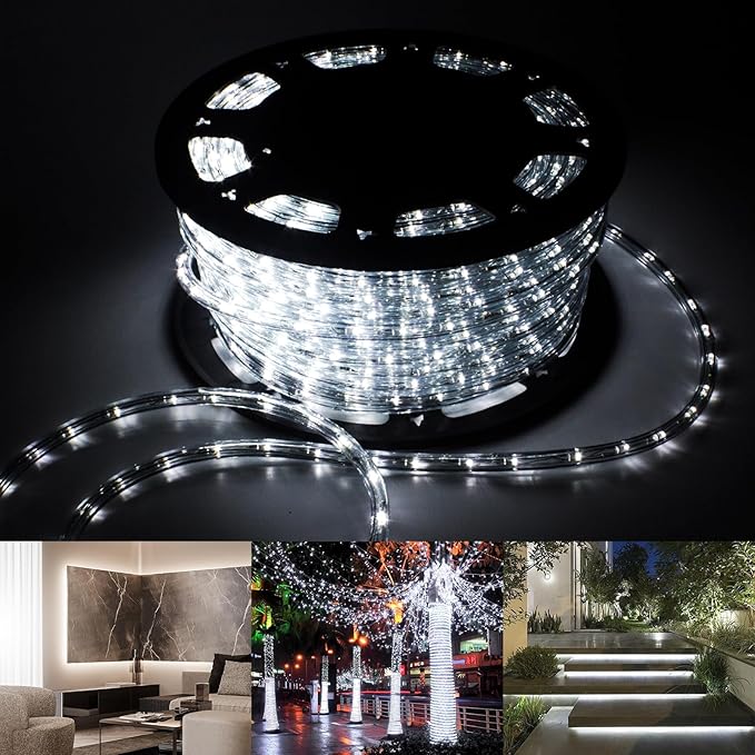 100ft Outdoor LED Rope Lights 1080 Connectable Flexible Tube Lights, IP65 Waterproof Rope Lighting for Garden Patio Pool Bedroom Party Christmas Halloween Holiday Indoor/Outdoor Decoration, Cold White