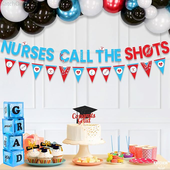 Katchon, Blue and Red Nurses Call The Shots Banner -10 Feet, NO DIY | Nurse Graduation Banner, Nurse Garland for Nurse Graduation Party Decorations | Grad Decorations 2025, nurse Party Supplies