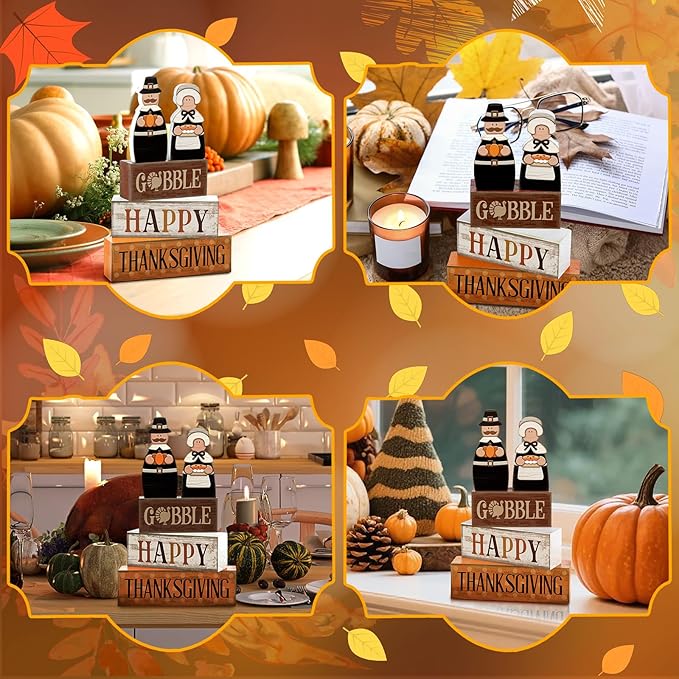 4 Pcs Thanksgiving Decoration for Home Wooden Pilgrim Couple Decor Thanksgiving Tiered Tray Decor Fall Centerpiece Rustic Decorative Pilgrim Block Sign Gift Farmhouse for Home Kitchen