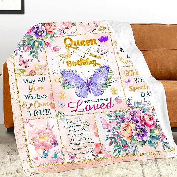 Happy Birthday Gifts for Women, Super Soft Funny Purple Butterfly Flower Bday Decorations Blanket 60"x50" for Women Mom, Birthday Gifts for Girls, Warm Plush Fleece Flannel Blanket for Couch Bedding
