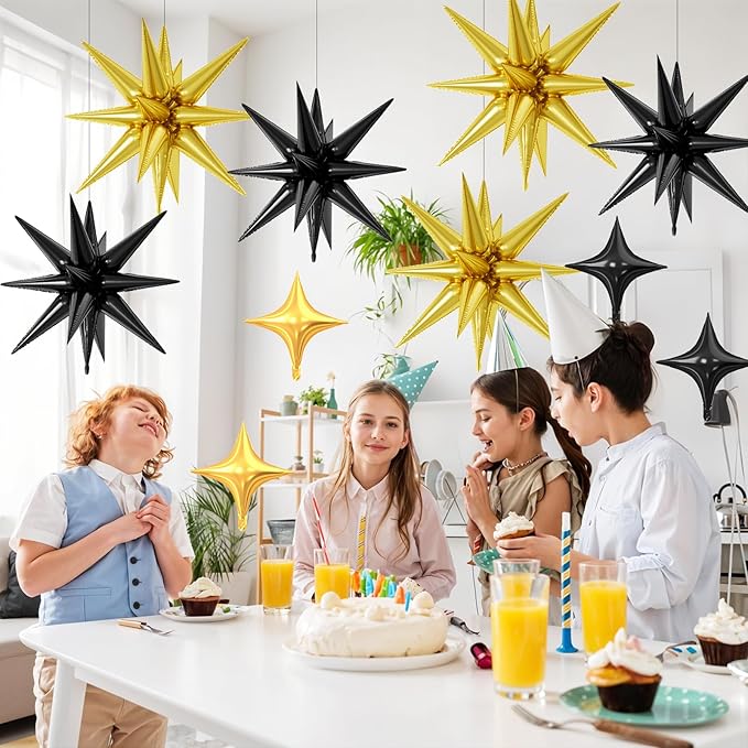 18 Pcs Black Gold Star Balloons, Gold and Black Balloon with 6 Pcs 22-Inch Explosion Star Balloons 12Pcs 10-Inch Four Pointed Stars Foil Balloon for Anniversary Disco Birthday Party Decorations