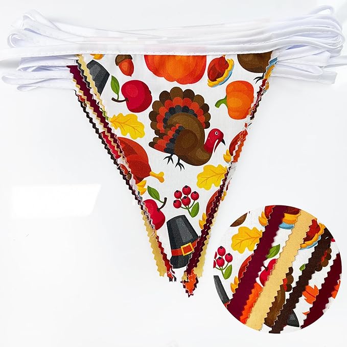 32Ft Thanksgiving Party Decorations Burgundy Brown Fall Banner Fabric Triangle Flag Pennant Garland Streamers for Happy Fall Thanksgiving Day Harvest Autumn Birthday Baby Shower Outdoor Garden Decor