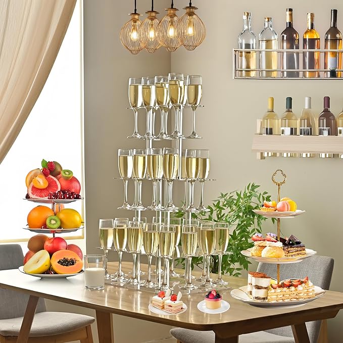 Champagne Tower, Rectangle Acrylic Champagne Display Rack Stand with 32 Slots, 3 Tier Floating Sight Champagne Flute Holder for Party, Wedding, 17.3x11.8x25.5 inch, 2Pcs