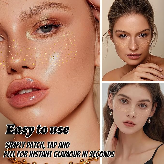 12Pcs Glitter Freckles for Women, Long Lasting Waterproof Holographic Sparkle Temporary Face Tattoo Star Sticker Makeup Patches for Rave Musical Festival Accessories (GOLD FRECKLES)