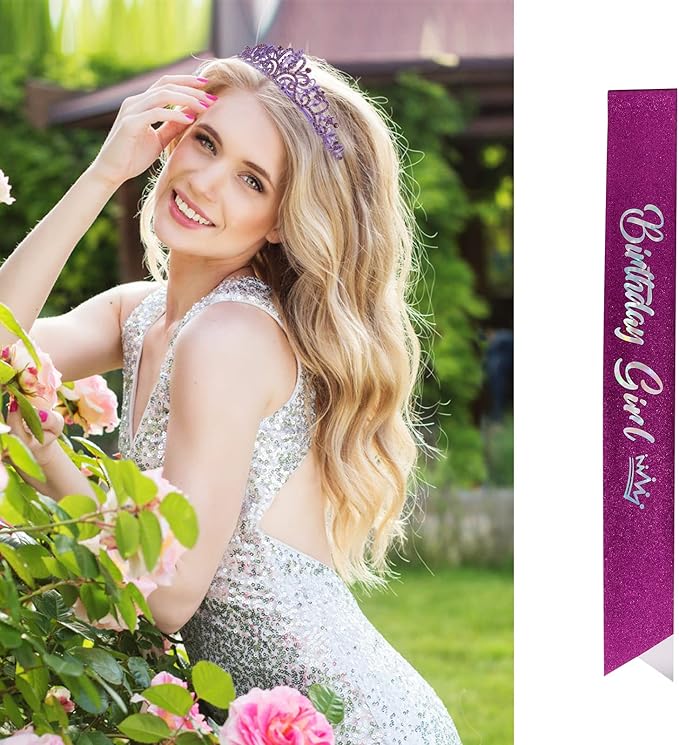 VELSCRUN Birthday Tiara & Crown Set - Princess Sash, Happy Birthday Girl Tiara, Party Decorations & Gifts