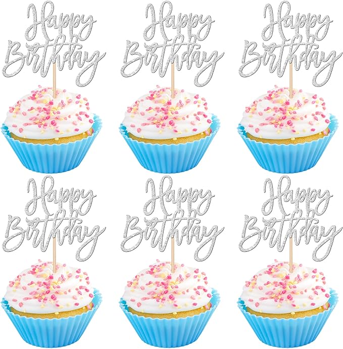 24 PCS Glitter Cupcake Toppers - Silver Happy Birthday & Anniversary Picks