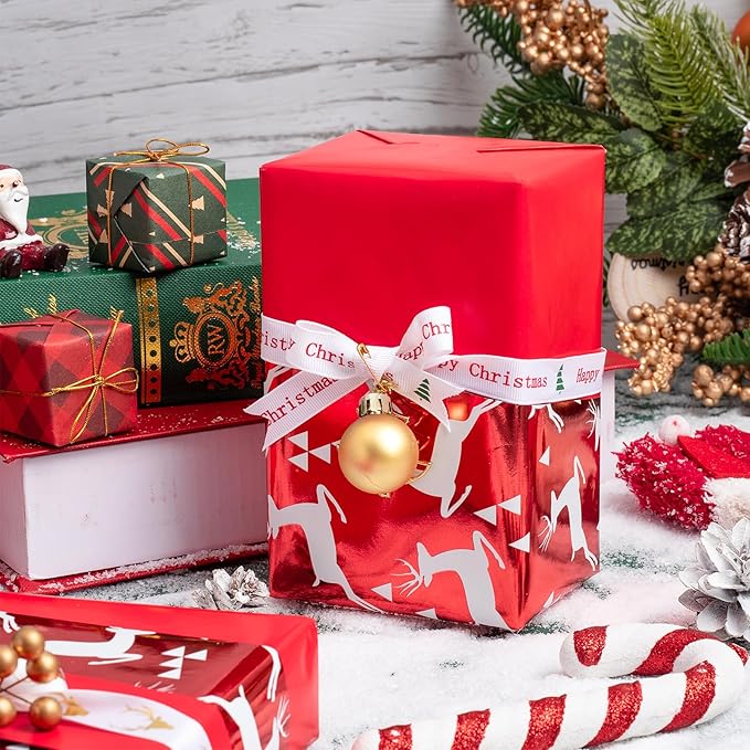 WRAPAHOLIC 30 Inch Jumbo Reversible Red Christmas Wrapping Paper - 30 Inch x 100 Feet Jumbo Roll Reindeer Wrapping Paper and Solid Red Design with Metallic Foil Shine for Christmas, Holiday, Party
