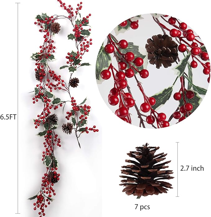 RECUTMS 6.5FT Red Berry Christmas Garland Decoration, Artificial Berry Garland with Pine Cone for Indoor Outdoor Garden Gate Home Winter Christmas Holiday New Year Fireplace Stairs Table Decoration
