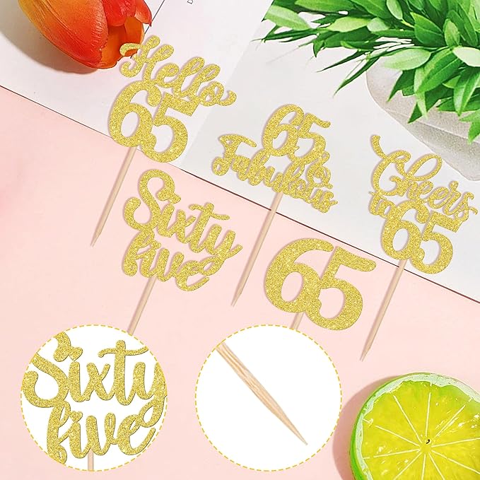 30PCS Happy 65th Birthday Cupcake Toppers Glitter Hello 65 Fabulous Sixty Five Cheers to 65 Years Old Birthday Cupcake Picks for Happy 65th Birthday Anniversary Party Cake Decorations Supplies Gold