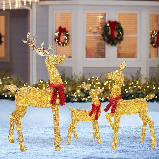 2025 New 48" 2.5D Lighted Christmas Deer Decorations, 3-Piece Lighted Christmas Deer Family Set, 4FT Large Outdoor Yard Reindeer Holiday Decoration with145 LED Lights, Gold