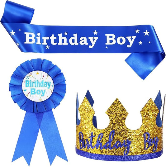 Birthday Boy Pin Sash Crown Set, Birthday Crown Costume Decorations for Boys Party Accessories (Blue)