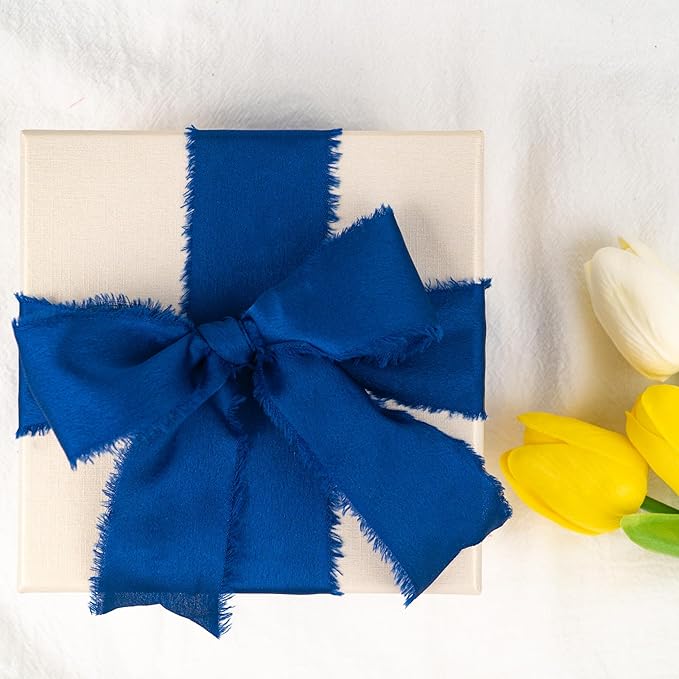 Satin Silk Ribbon, Royal Blue Ribbon for Wrapping, 1-1/2 inch x 15 Yd Handmade Frayed Fringe Ribbons, for Wedding Engagement Graduation Showers Crafts Bouquets Invitation Decor, 3 Rolls