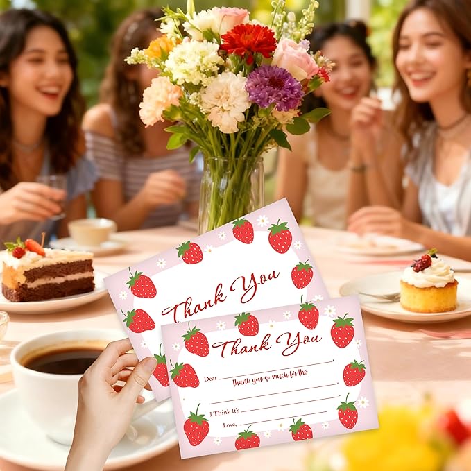 Kids Thank You Card, Strawberry Theme Thank You Notes, Watercolor Fruit Greeting Card With Envelope, Birthday Wedding Graduation Christmas Party Favors Supplies Decor(20 Pcs)-01