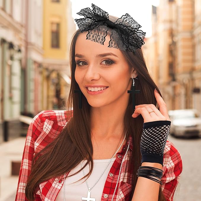 Blulu 80s Accessories for Women Dress Costume Lace Headband Earrings Fishnet Gloves Necklace Bracelet