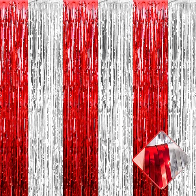 4 Pack 3.2Ft x 9.8Ft Silver Red Foil Fringe Curtain Backdrop, Metallic Tinsel Foil Fringe Streamers Curtains Background for Photo Booth, Wedding, Circus Welcome Carnival Birthday Party Decoration