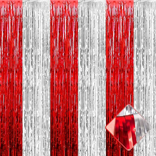 4 Pack 3.2Ft x 9.8Ft Silver Red Foil Fringe Curtain Backdrop, Metallic Tinsel Foil Fringe Streamers Curtains Background for Photo Booth, Wedding, Circus Welcome Carnival Birthday Party Decoration