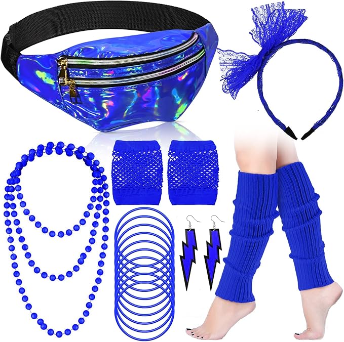 Handepo 19 Pcs 80s Costume Accessories Holographic Fanny Pack Leg Warmers Lace Headband Earrings Gloves Necklace Bracelet