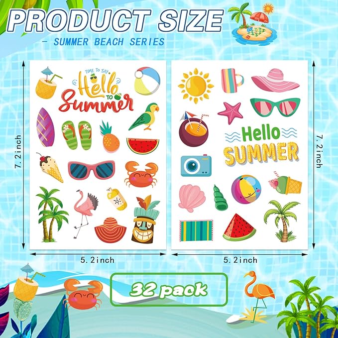 32 Sheet Summer Stickers, Summer Fun Sticker Sheets for Kids - Waterproof, Luau Hawaii Beach Party Decorations, Beach & Tropical Themed Stickers for Scrapbook, Water Bottles, Party Favor Kids Birthday