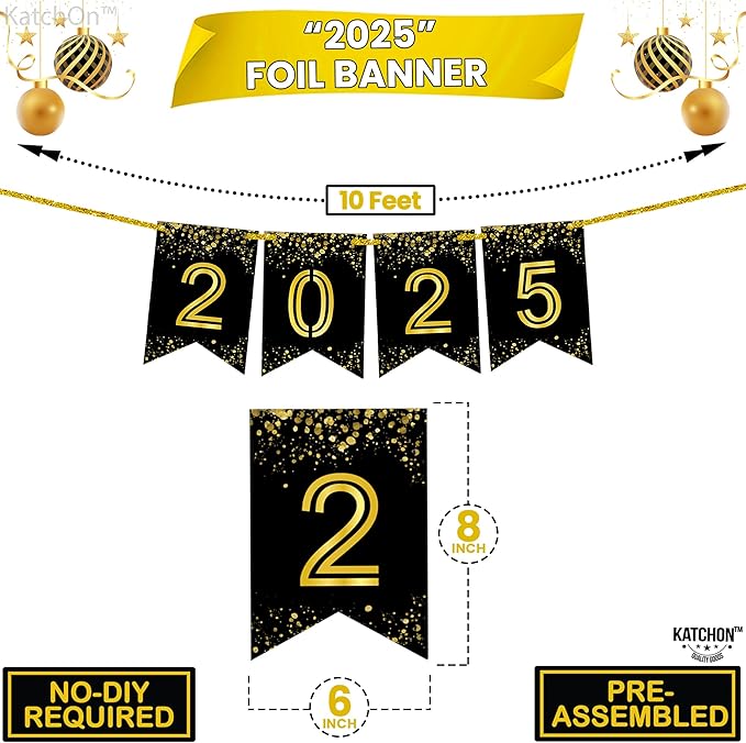Katchon, Shiny Graduation 2025 Banner - Large 10 Feet, No DIY | Happy Graduation Banner 2025, Grad Decorations Class of 2025 | 2025 Sign, 2025 black gold banner | 2025 grad sign