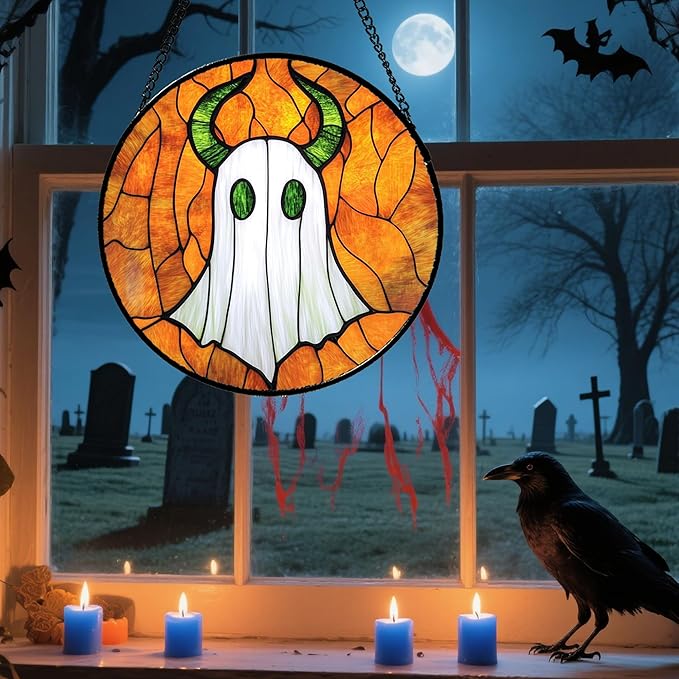 Stained Glass Window Hanging - Halloween Decoration Fantasy Green Horned Ghost Suncatcher for Door Garden Spooky Sun Catchers Gothic Decor Horror Gifts for Women Men Friend Boy Girl 11.8 in