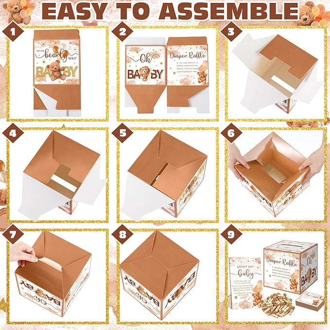 102 Pcs Bear Baby Shower Game Supplies Diaper Raffle Ticket with Diaper Raffle Card Box Don't Say Baby Sign Mini Bear Clothespin Game Decor for Gender Reveal Favor