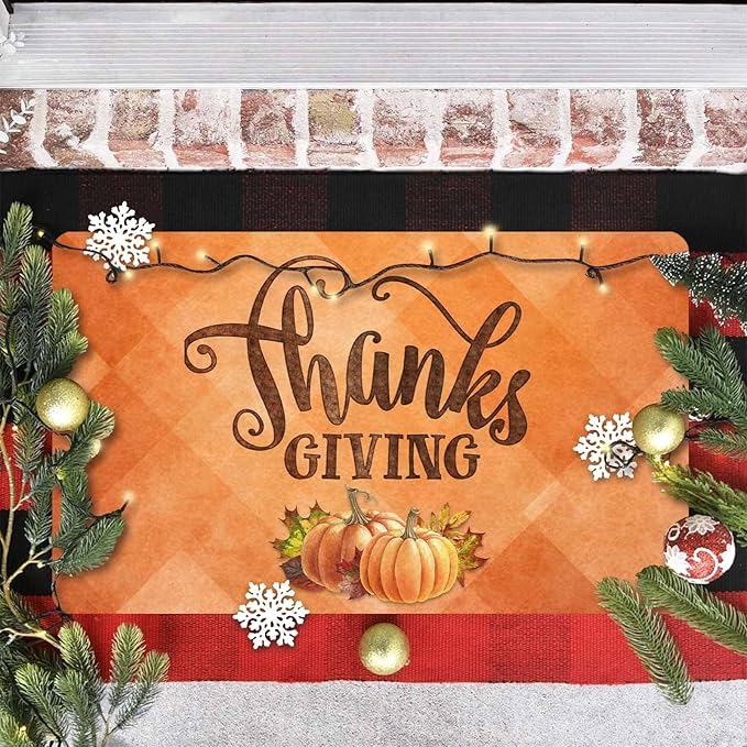 InterestPrint Thanksgiving Doormat Fall Door Mat, Pumpkin Welcome Mats Outdoor Autumn Doormats for Front Door Decorations Autumn Harvest Vintage Thanksiving, 30"x18"inch