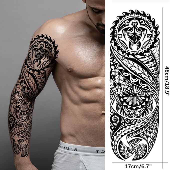Tribal Totem Temporary Tattoo Sleeve for Men Women, 4-Sheet Full Arm Large Hawaiian Tribal Viking Fake Sleeve Tattoo Adult and 4-Sheet Black Polynesian Turtle Half Temp Tatoo Sticker Thigh Leg Body