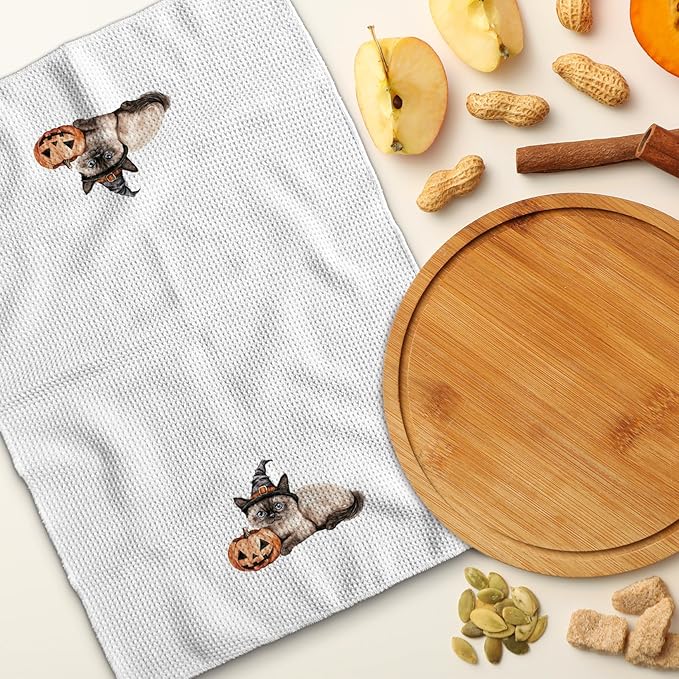 TNUW Halloween Witchy Siamese Cat Pumpkin Kitchen Towels 16x24 Inch, Siamese Cat Gifts Dish Tea Towels for Kitchen, Halloween Witch Kitten Spooky Pumpkin Decorative Hand Towel for Bathroom Decor