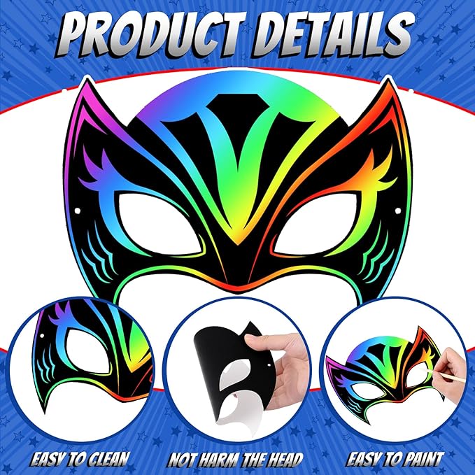 Deekin Mardi Gras Scratch Masks for Kids, Mardi Gras Crafts Rainbow Hero DIY Masks Craft Kit for Dress up Party Favor