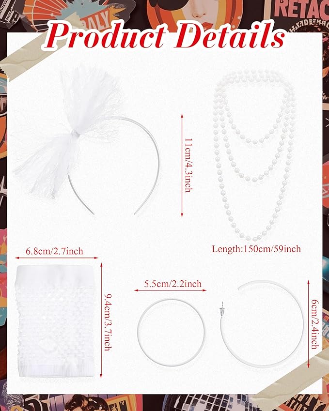 Blulu 80s Costume Accessories for Women Lace Headband Earrings Fishnet Gloves Necklace Bracelet for 80s Retro Party