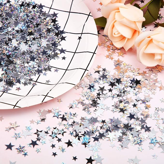Hestya 60g Star Confetti Glitter Table Confetti Metallic Foil Stars for Christmas Party Wedding Festival Decorations(Silver Set,10mm and 6mm)