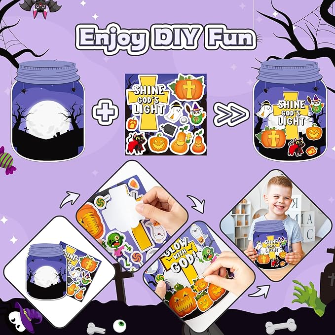 CY2SIDE 12 Set Jesus Cross Stickers, Make A Ghost Jar Sticker Scene with Pumpkin Witch, DIY Halloween Party Games