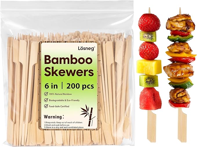 6 inch Bamboo Skewers for Appetizers, Fruit Kabobs, Wooden Food Cocktail Picks, Charcuterie Board Wood Sticks, for Grilling, BBQ Snacks, Caprese, Sandwich Toothpicks, Martini, Flat Handle- 200pcs