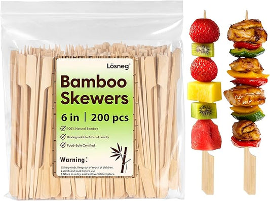 6 inch Bamboo Skewers for Appetizers, Fruit Kabobs, Wooden Food Cocktail Picks, Charcuterie Board Wood Sticks, for Grilling, BBQ Snacks, Caprese, Sandwich Toothpicks, Martini, Flat Handle- 200pcs