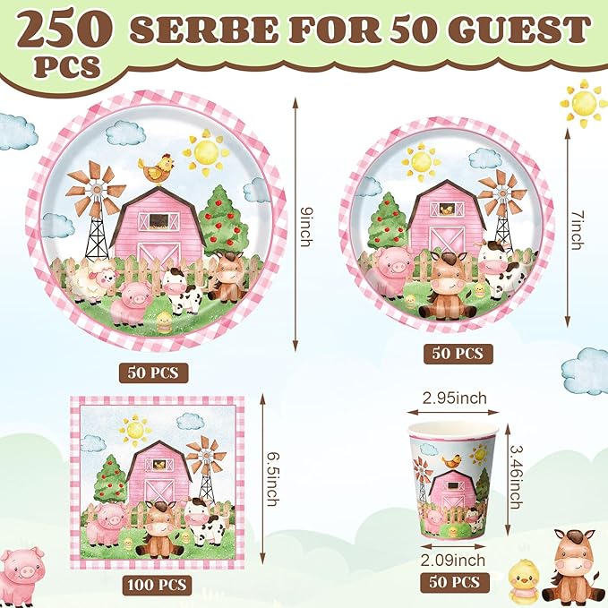 250 Pcs Farm Animals Themed Party Decorations Barn Animal Paper Plates Cups and Napkins Disposable Pink Barnyard Farm Tableware Set for Birthday Baby Shower Party Supplies, Serves 50