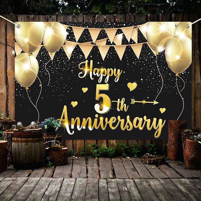 HAMIGAR 6x4ft Happy 5th Anniversary Banner Backdrop - 5 Wedding Anniversary Decorations Party Supplies - Black Gold