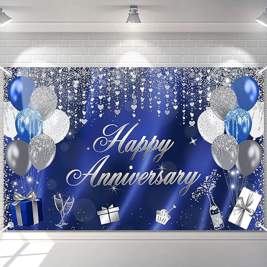 Avezano Happy Anniversary Banner Glitter Happy Anniversary Decorations for Wedding Bridal Shower Party Decorations 70.8 x 43.3 Inch (Blue and Silver)