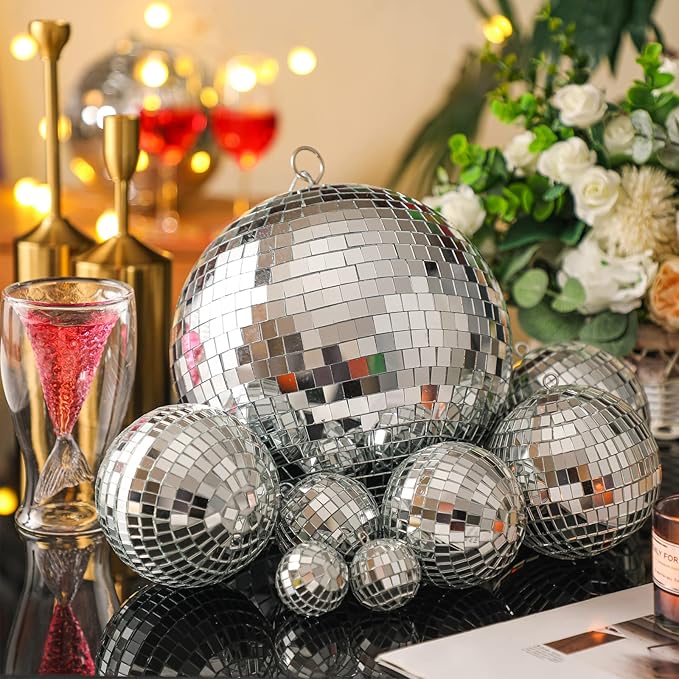 Haull 8 Pcs Large Disco Ball Set Silver Mirror Disco Reflective Ball with Hanging Ring Party Ornament Decoration for Stage Club Ballroom Dance Hall Wedding Prom Props(12'', 8'', 6'', 4'')